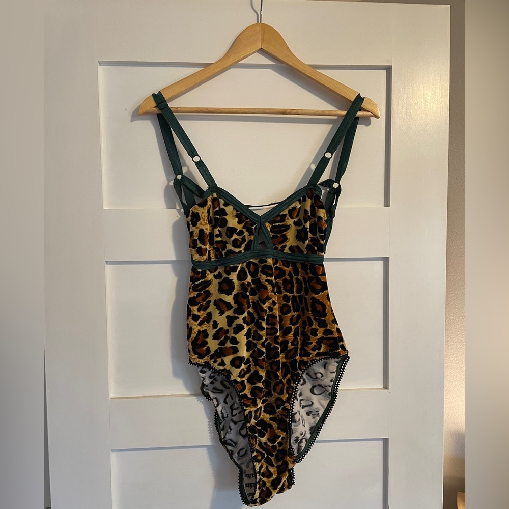 Solstice Intimates. Leopard Print Bodysuit with Green Straps